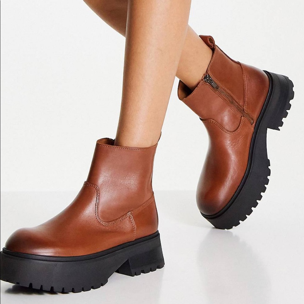 Brown leather platform ankle boots